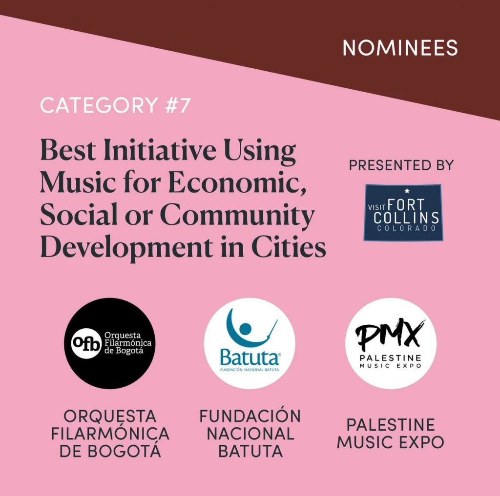 Coro Hijas e Hijos de la paz en la categoría Mejor Iniciativa a Partir de la Música para el Desarrollo Económico, Social y Comunitario en las ciudades, comparte con otra iniciativa colombiana Batuta