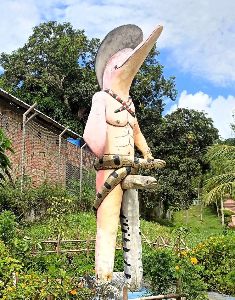 Monumento Omacha o Delfín Rosado en una de las calles del municipio. Foto. David Arwi