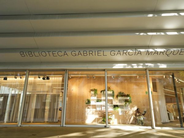 La fachada representa un montón de libros apilados haciendo referencia al elemento más icónico de cualquier biblioteca
